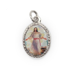 MD103862P10 - Medalha de Alumínio Oval Grande Prata c/ 10un. Jesus Ressucistado - 2X1,3cm