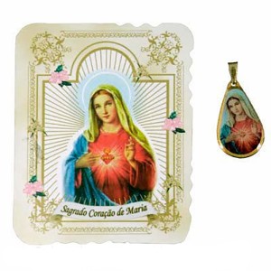 CM14013 - Cartão Sagrado Coração de Maria c/ Medalha - 7,5x6cm