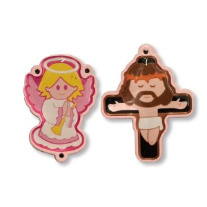 KT720902 - Kit Cruz e Entremeio Anjinho Rosa Madeira Resinada