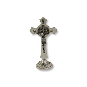 CU830001 - Crucifixo de Mesa São Bento Metal Níquel - 8x4cm