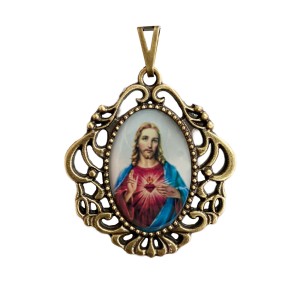 MD129680 - Medalha Sagrado Coração de Jesus Camafeu Ouro Velho - 5,5x4,2cm