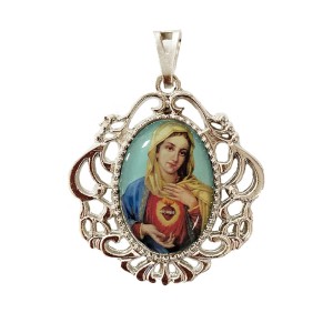 MD129048 - Medalha Sagrado Coração de Maria Camafeu Níquel - 4,5x4cm