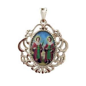 MD129420 - Medalha São Cosme e Damião Camafeu Níquel - 4,5x4cm