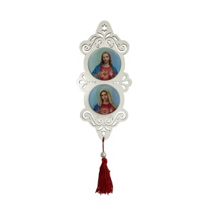 AO4102120 - Adorno Sagrado Coração de Jesus e Imaculado Coração de Maria MDF Branco Resinado - 32x10,2cm