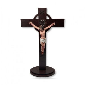 CU762314 - Crucifixo de Mesa São Bento Madeira - 38x16cm