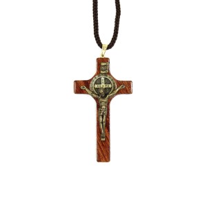 CC360500 - Cordão Medalha de São Bento c/ Crucifixo Madeira - 44cm