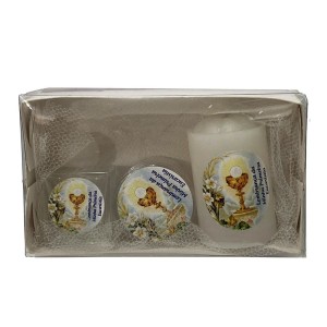 KT112100 - Kit Primeira Eucaristia c/ Caixinha de Acrílico, Dezena, Vela e Garrafa de Água Benta
