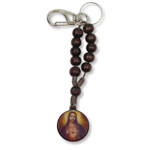 CH7601151 - Chaveiro Sagrado Coração de Jesus e Maria Dezena Madeira - 14x2,6cm