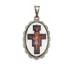 MD128464 - Medalha Cruz de São Damião Rendada Níquel - 5x2,5cm