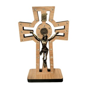 CU762350 - Crucifixo de Mesa São Bento Madeira c/ Strass - 27x14cm (CR43)