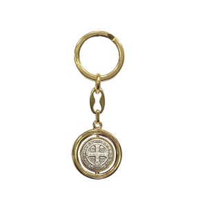 CH731010 - Chaveiro Medalha de São Bento Rotativo Italiano Dourado - 8,5x3,5cm