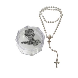 TE112014 - Caixa de Acrílico Sextavada c/ Medalha e Terço de Pérola n°4 Primeira Eucaristia - 3,5X3,5cm
