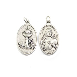 MD112095 - Medalha Primeira Eucaristia Sagrado Coração de Jesus Italiana Oval Dupla - 4,5x2,6cm