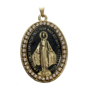 MD520141 - Medalha N. Sra. Das Graças Resinada Preta c/ Strass - 5,5x3,5cm