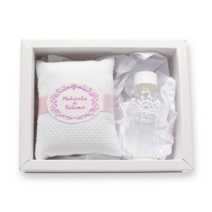 KT75678 - Kit Batismo de Madrinha c/ Almofada e Vidrinho p/ Água Benta - 11x14cm